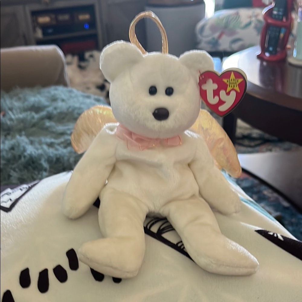 Vintage Ty White Angel Bear with Gold Wings